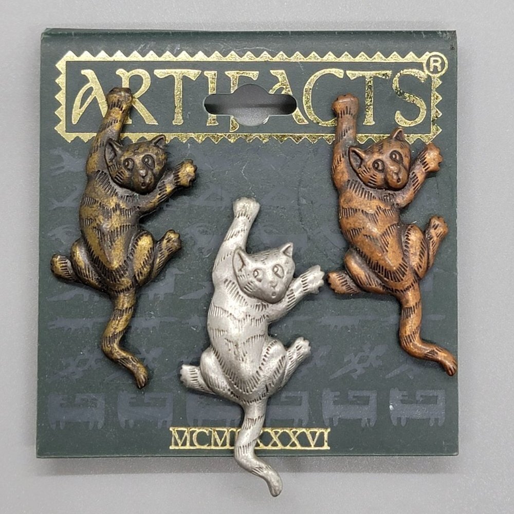 Artifacts Jonette Jewelry JJ Silver Tone Bronze Tone Set of 3 Cat Brooches Pins